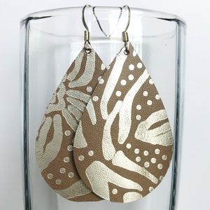Tan Floral Print Leather Teardrop Earrings